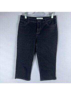 Chicos Platinum Denim Jeans Capri Size10 Black Dark Wash Small Side Slits Hem